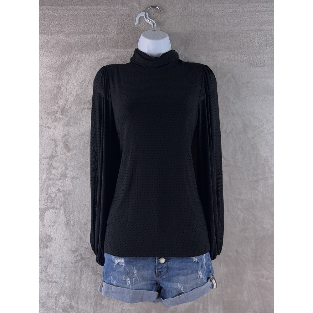 GANNI Turtleneck‎ Blouse Womens Size 36 Black Polka Dot Flocked Stretch